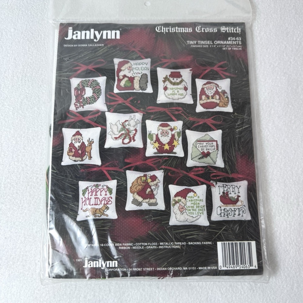 New Janlynn Tiny Tinsel Christmas Ornaments Cross Stitch Kit Set 1991 #34-63